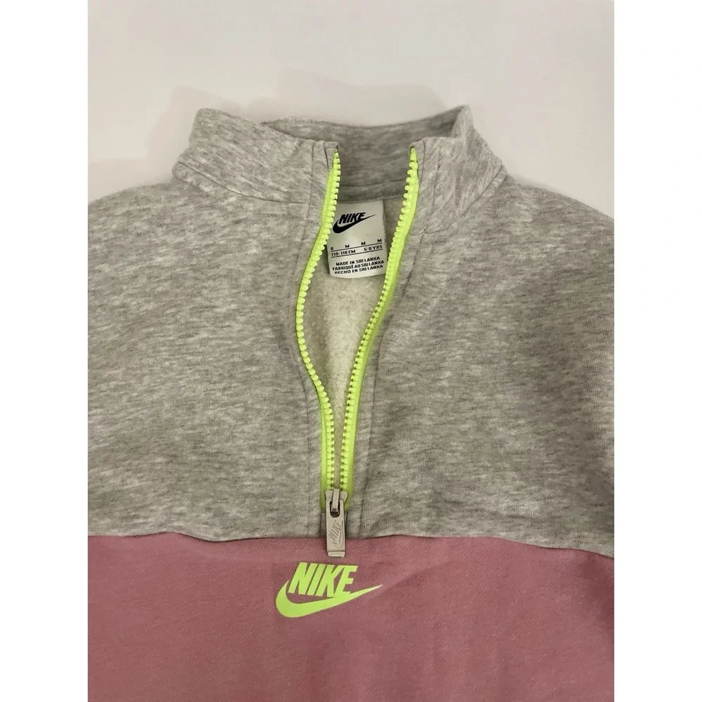 Nike Girls 1/2 Zip Fleece Sweatshirt Gray Pink Neon Green Size M 5-6 YRS
